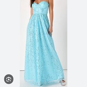 Lulus Radiant Reflection Light‎ Blue Sequin Tulle Strapless Maxi Dress New M
